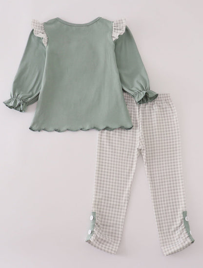 Sage turkey French knot ruffle pant set