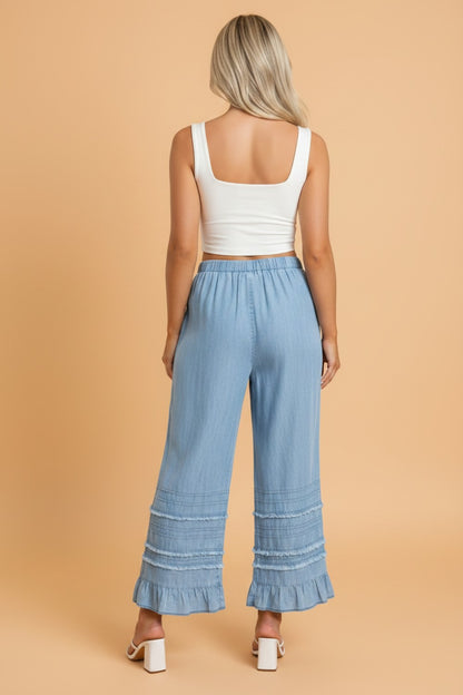 Ruffle Hem High Waist Wide Leg Chambray Pants