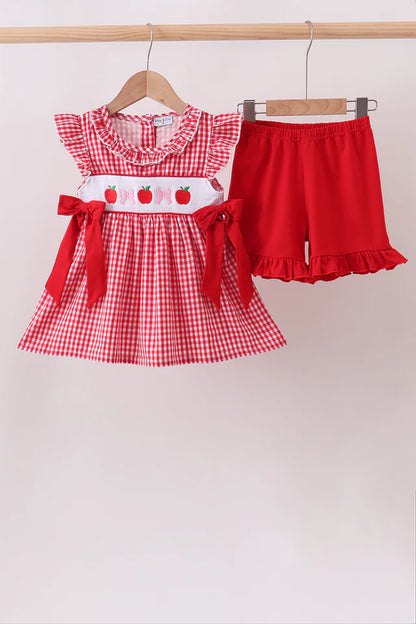 Red Apple Bow Smocked Gingham Ruffle Shorts Set