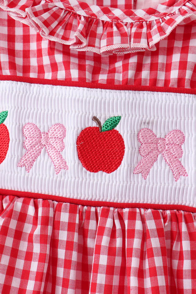 Red Apple Bow Smocked Gingham Ruffle Shorts Set