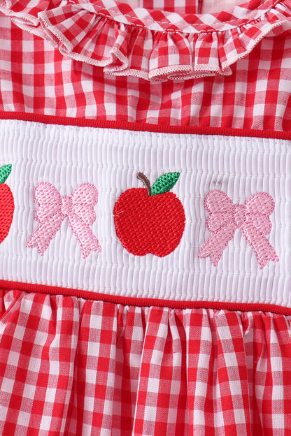 Red Apple Bow Smocked Gingham Ruffle Shorts Set