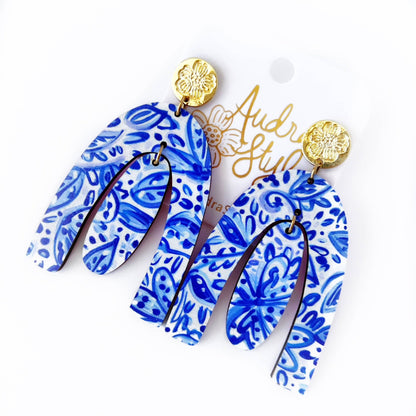 Dottie - Blue White Floral Pattern Earring