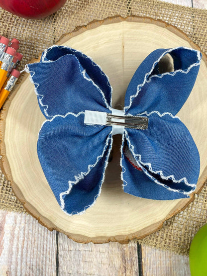 Denim Apple Embroidered Moonstitch Hair Bow