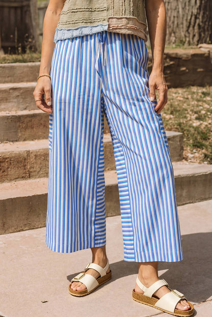 Stripe Drawstring Elastic Waist Patch Pocket Wide Leg Pants