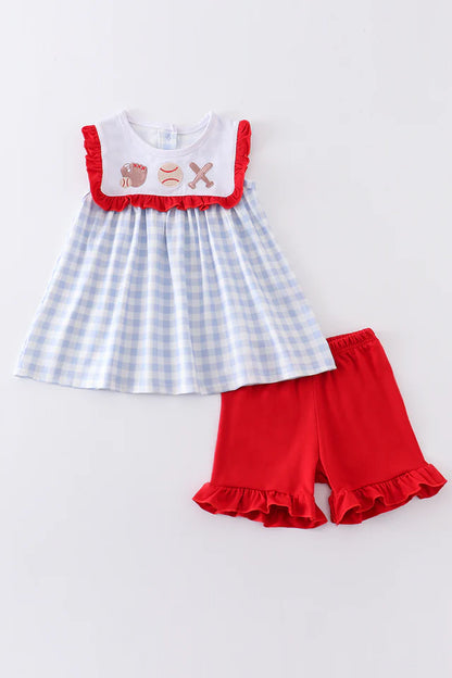 Blue Plaid Baseball Embroidery | Girl Set