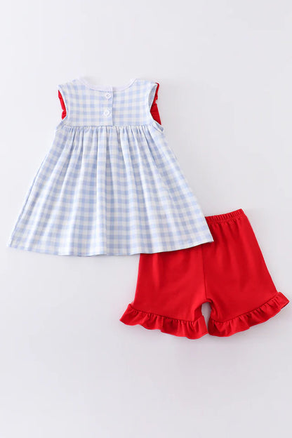 Blue Plaid Baseball Embroidery | Girl Set
