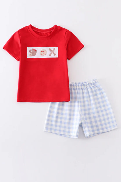 Blue Plaid Baseball Embroidery | Boy Set