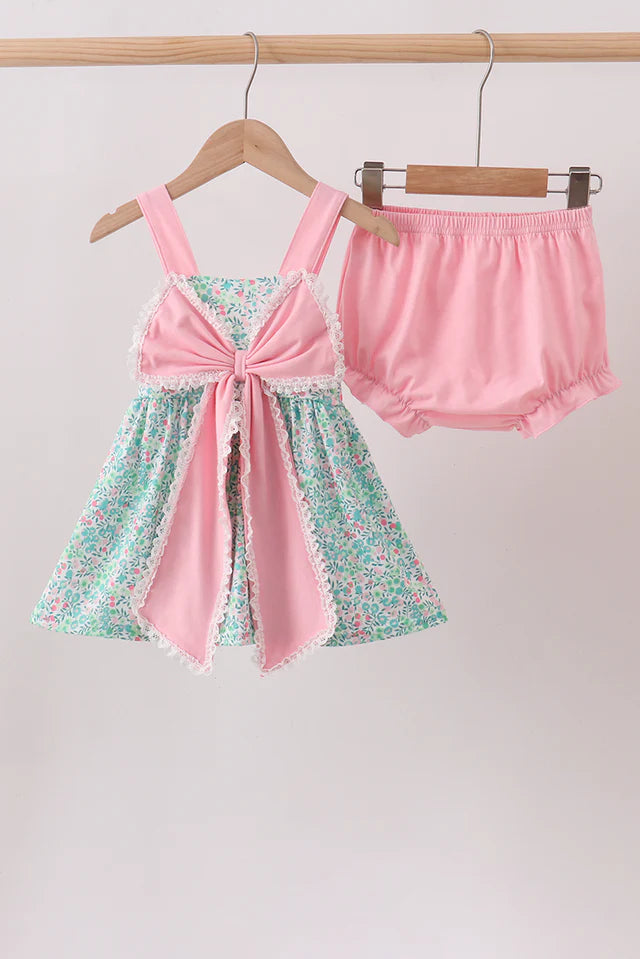 Pink Bow Floral Knit Bloomer Set