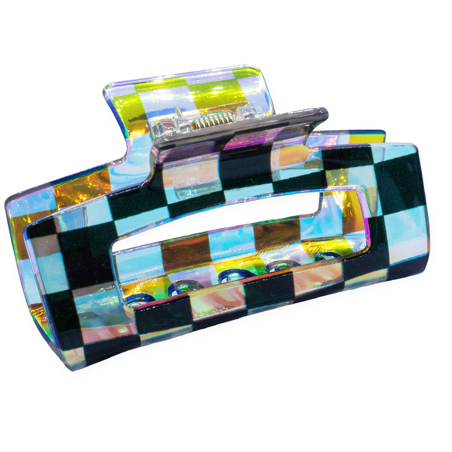 Medium Square Iridescent Checkered Hair Claw Clip