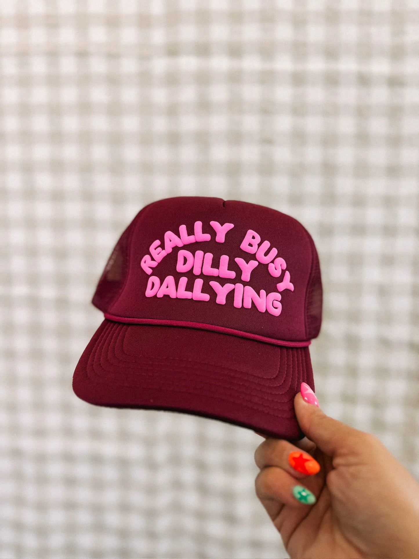 Dilly Dallying trucker hat- burgundy/pink