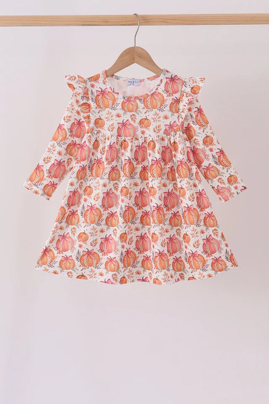 Orange Pumpkin Print Ruffle Dress