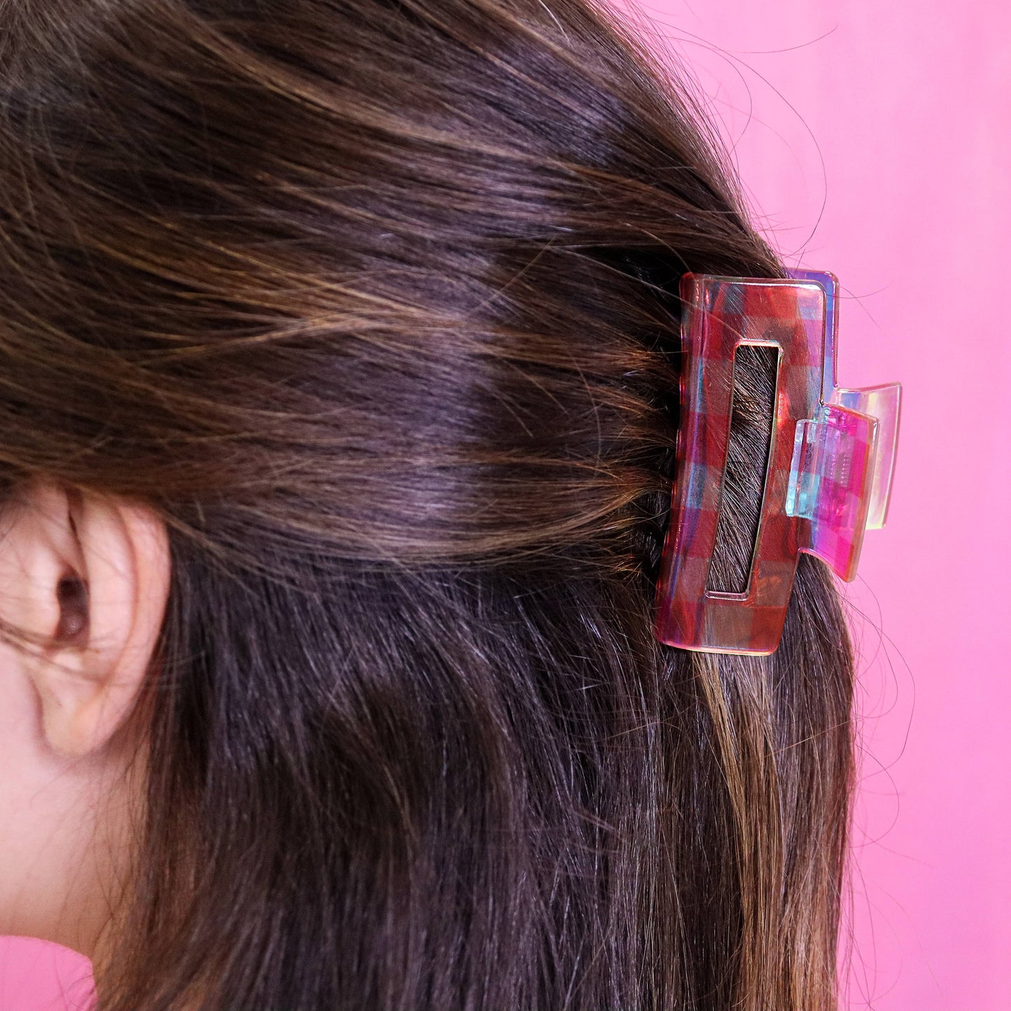 Medium Square Iridescent Checkered Hair Claw Clip