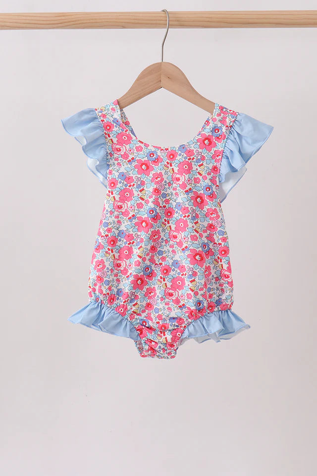 Pink Floral Ruffle One-Piece Swim Suit