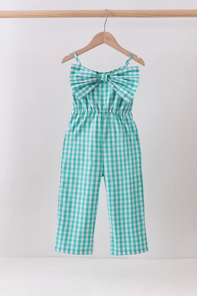 Green Bow Gingham Jumpsuit