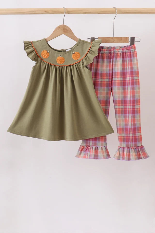 Olive Pumpkin Ruffle Pants Set