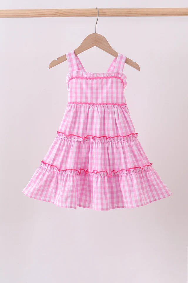 Pink Gingham Ruffle Tiered Dress