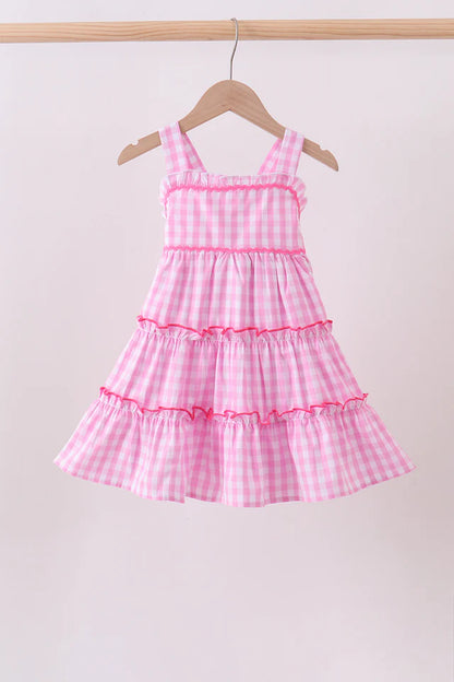 Pink Gingham Ruffle Tiered Dress