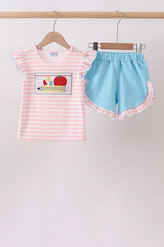 Pink School Apple Applique Knit Set