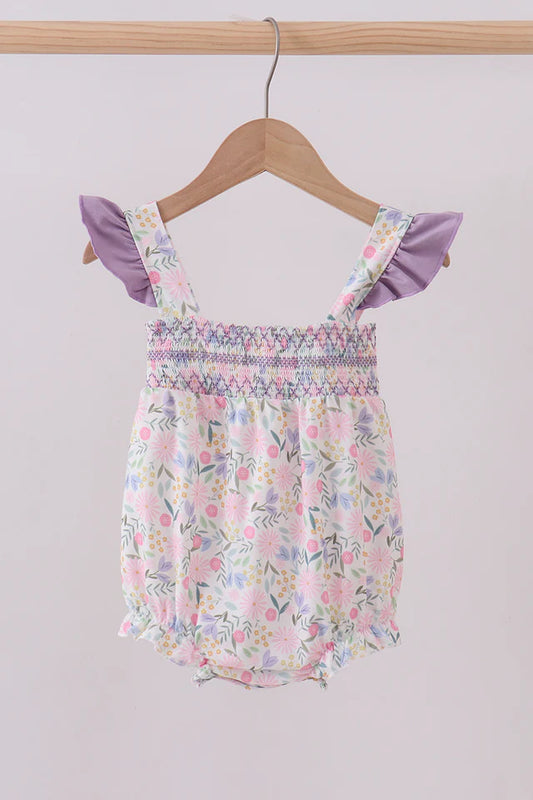 Purple Floral Smocked Ruffle Bubble
