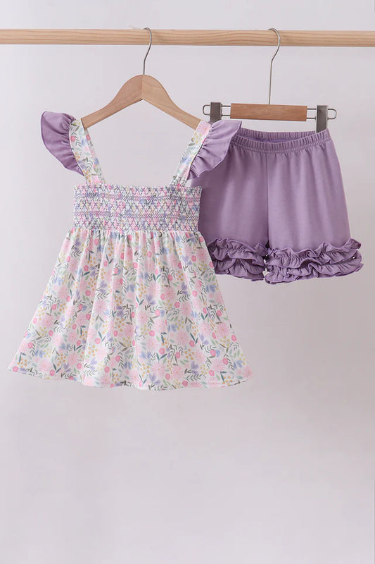 Purple Floral Smocked Ruffle Short Set
