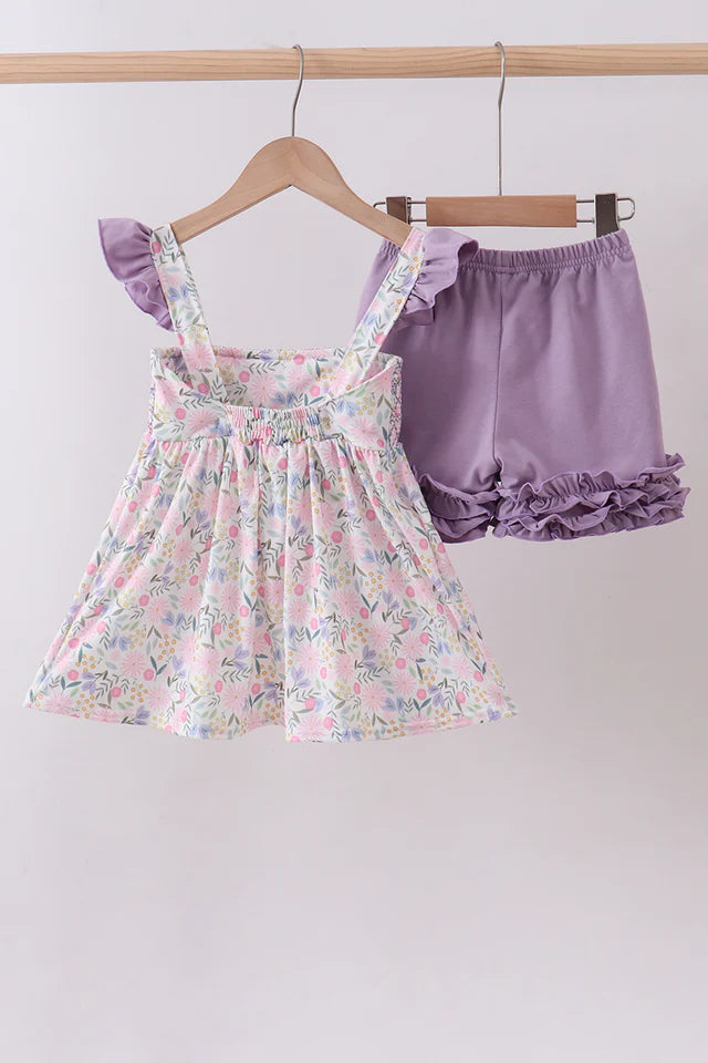 Purple Floral Smocked Ruffle Short Set