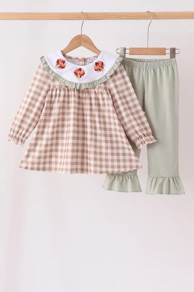 Brown Turkey Gingham Ruffle Pants Set