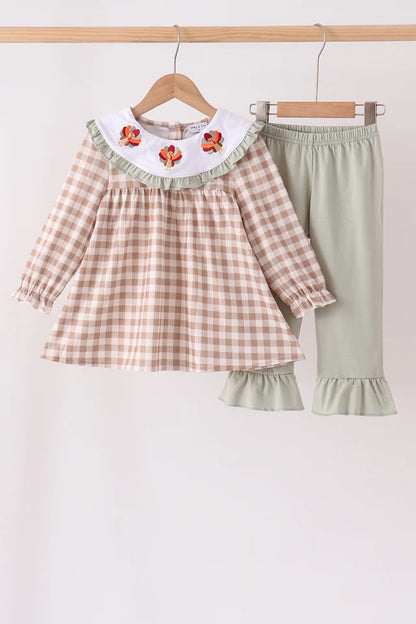 Brown Turkey Gingham Ruffle Pants Set
