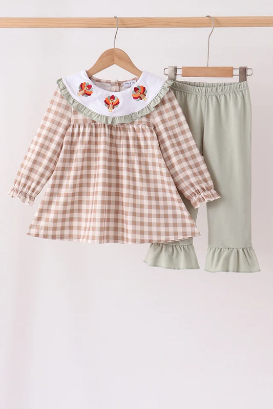 Brown Turkey Gingham Ruffle Pants Set