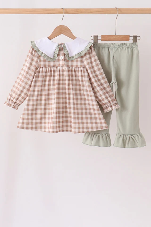 Brown Turkey Gingham Ruffle Pants Set