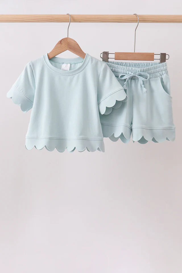 Turquiose Scalloped Mom & Me Shorts Set